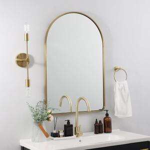 Brass Mirror Bathroom, 24x36’’ Gold Arched Mirror, Arched Bathroom Mirror, Gold Bathroom Mirror Metal Framed, SUS304-Anti-Rust, Tube Frame, 1’’ Deep Set Wall Mounted Vertical