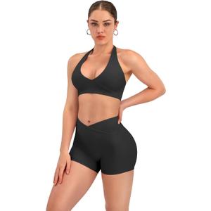 TDIFFUN Women Workout Sets 2 Piece V Neck Halter Sports Bra High Waisted Crossover Booty Gym Shorts Yoga Outfits (Black, Small)