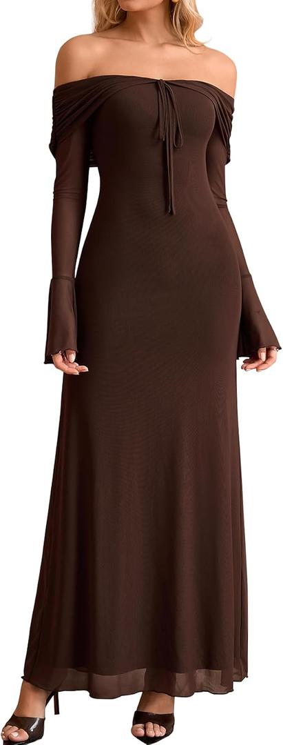 KUTUMAI Elegant Off Shoulder Long Sleeve Maxi Dress Bodycon Tie Formal Wedding Guest Dresses for Women 2025 Fall (L)