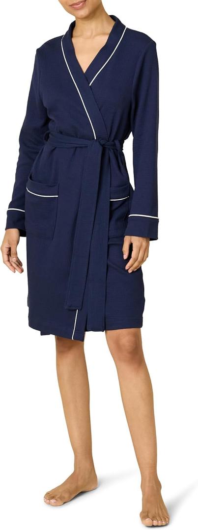 Amazon Essentials Women's Lightweight Cotton Waffle Mid-Length Bathrobe, Navy, X-Small