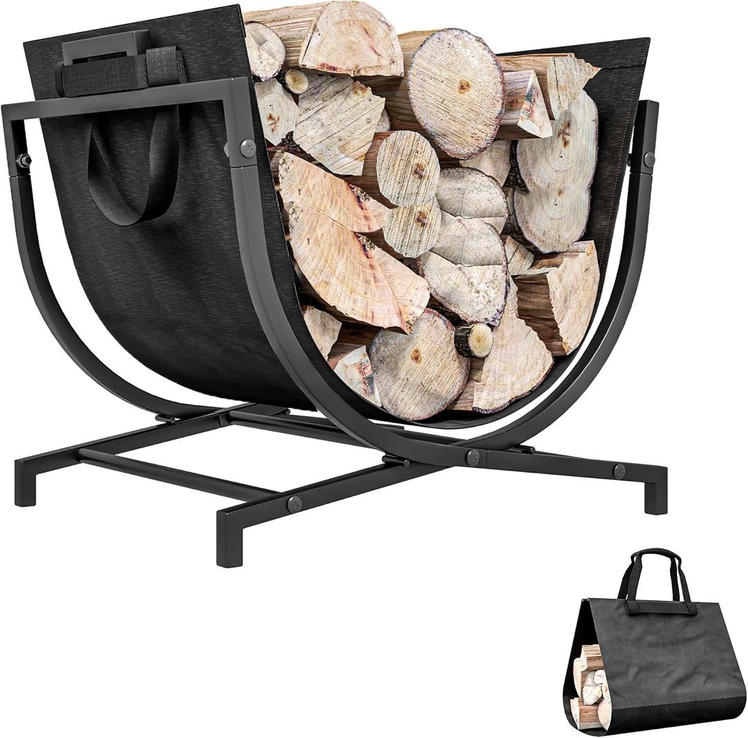 Outsunny 17 Inch Folding Firewood Rack Outdoor Indoor Firewood Holder with Canvas Carrier, Portable Log Rack with Handles, Heavy Duty Wood Storage Holder for Fireplace, Black