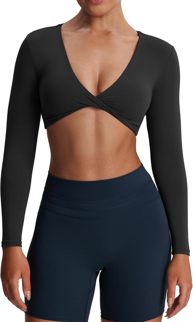 Aoxjox Long Sleeve Crop Tops for Women Sienna Twist Deep V Workout Cropped T Shirt Top (X-Small, A Black)