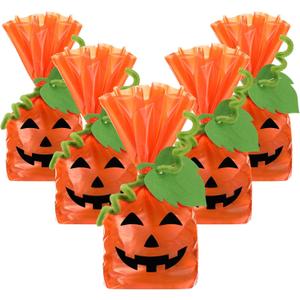 Resurhang 50 Set Halloween Cellophane Pumpkin Treat Bags with Felt Leaves and Twist Ties, Plastic Pumpkin Smile Goodies Gift Bags for Candy Bakery Popcorn Cookies Dessert Halloween Fall Party