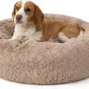 Bedsure SupportMax Calming Dog Bed Medium Size Dog - 30in Donut Round Washable Medium Pet Bed,Anti-SlipRemovable Cover,420GSM Anti-Anxiety Fluffy Plush Faux Fur,Fits up to 45 lbs Pets (Camel)