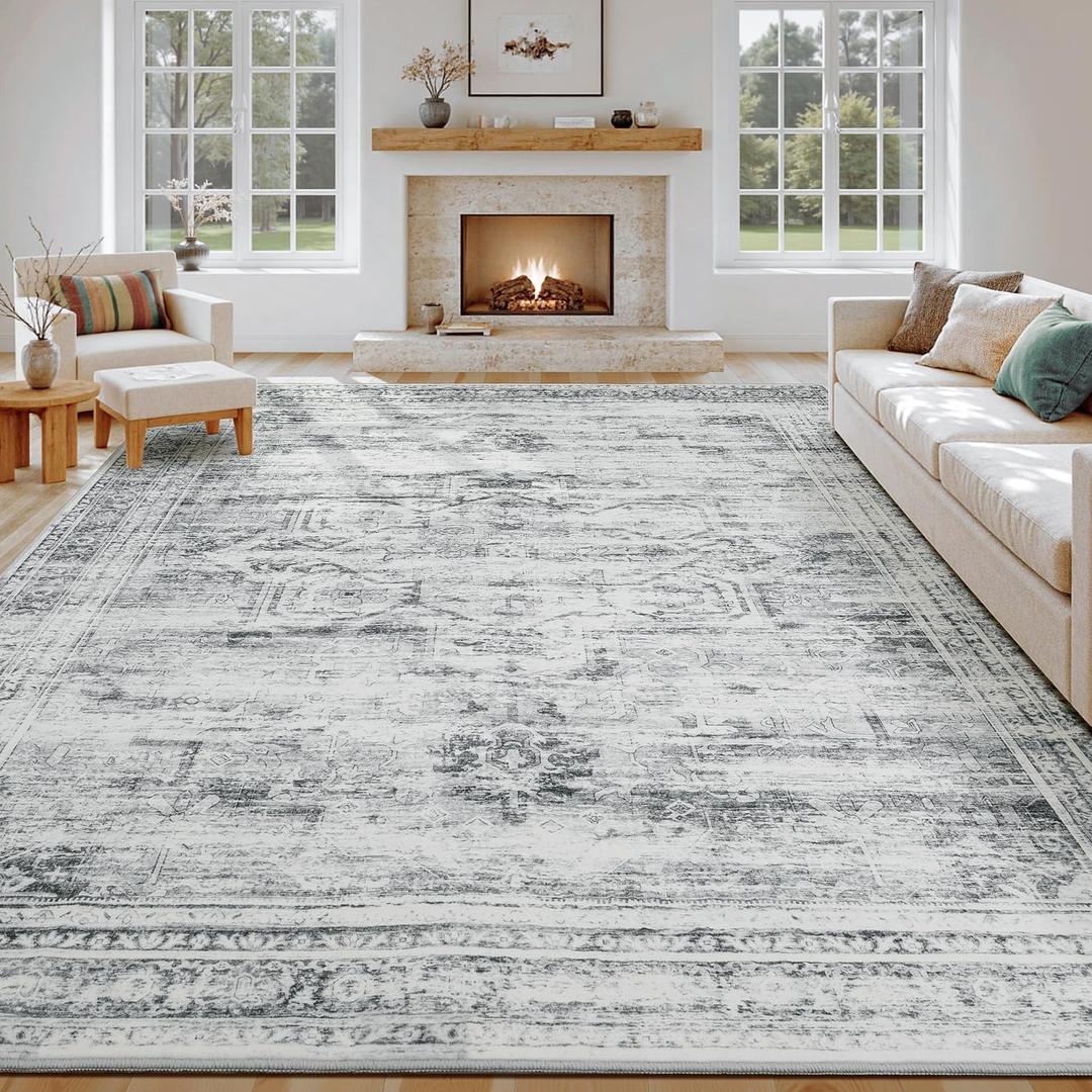 8x10 Washable Area Rugs for Living Room, Large Soft Faux Wool Cozy Floor Carpets for Bedroom Dining Room, Neutral Vintage Distressed Non Slip Grey White Rug for Home Office Decor