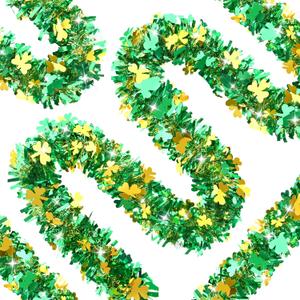 50FT St. Patrick's Day Tinsel Garland Shamrock Clover Green Gold Metallic Tinsel Twist Garland for Irish Saint Patricks Day Party Home Decor Indoor Outdoor Decoration
