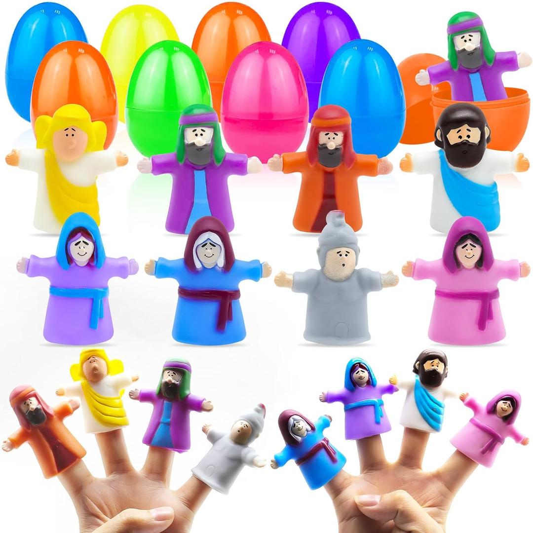 8 Pack Easter Eggs Filled Religious Finger Puppets Little Jesus Figures Toy Easter Basket Stuffers,Nativity Bible Toys Christian Easter Gift for kids Boys Girls Resurrection Egg Hunt Party Favors Gift