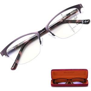 Missfive Premium Progressive Multifocus Metal Reading Glasses Women & A Case, Quality Spring Hinge Blue Light Blocking No Line Lens Multifocal Readers(for Mid-Near Workspace,+3.0x,Deep Purple) ((With Glasses Case)multifocus/ Deep Purple)