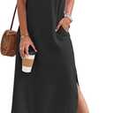 MISFAY Women's Summer Casual Maxi Dress 2025 Short Sleeves V Neck Loose Sundress Split Long Beach Shirt Dress Vacation Outfit, Medium Size