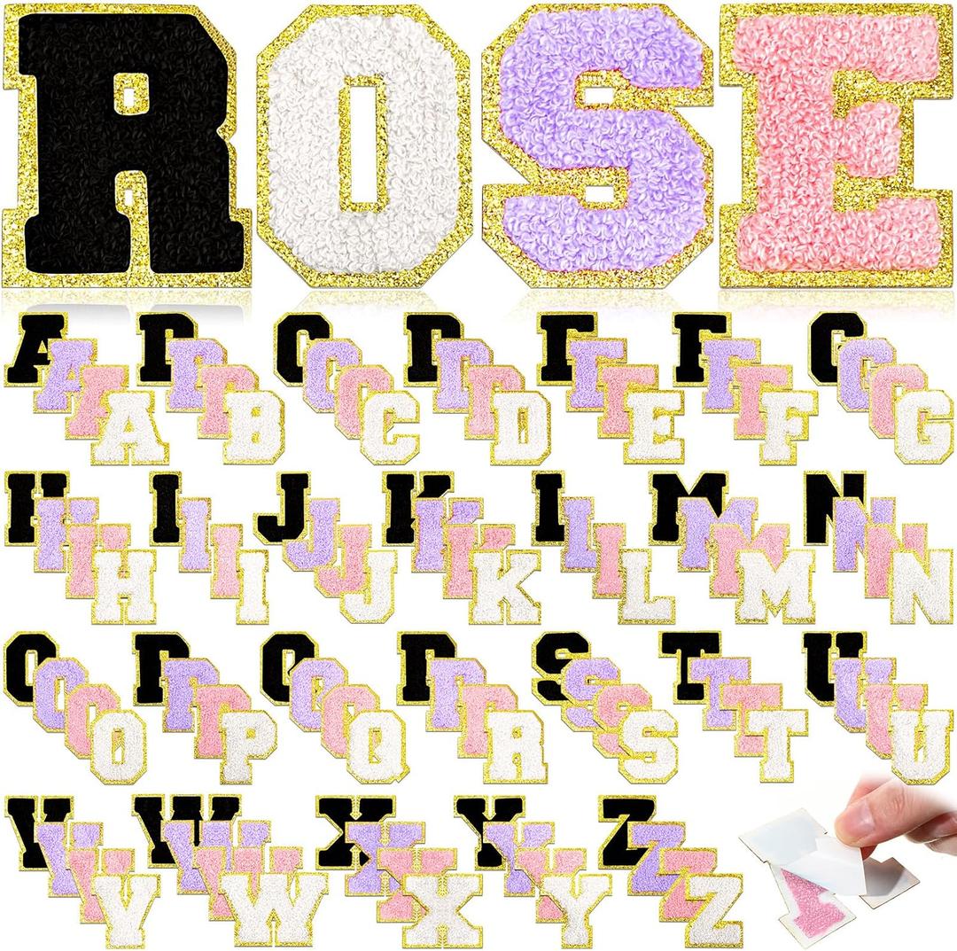 Jutom 104 Pcs Self Adhesive Chenille Letter Patches Letter Patches Chenille Stick on Embroidered Patch for Clothing Jackets Backpacks Hats(Classic,Black, White, Purple, Pink)