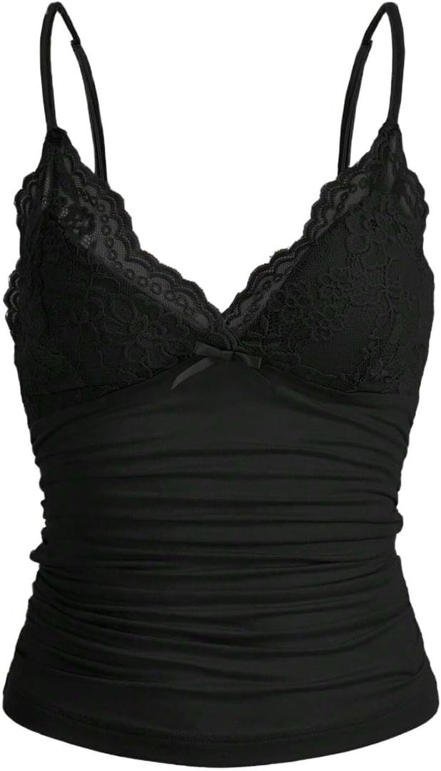 LOFAAC Women Sexy Y2K V Neck Lace Patchwork Cami Shirt Cute Slim Fit Sleeveless Spaghetti Strap Going Out Camisole Tank (Large, Black)