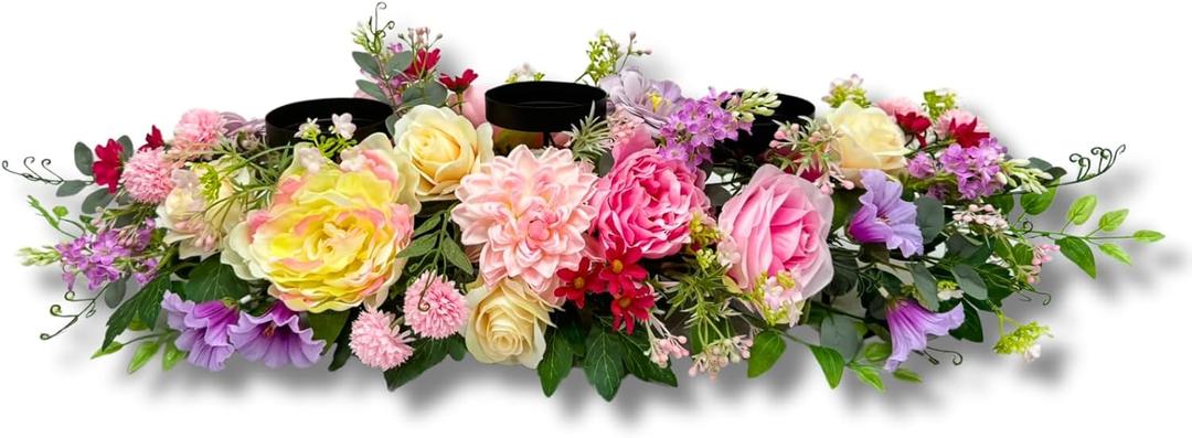 Svndlyn Candle Holder Centerpiece for Table Artificial Peonies Flowers,Rose Flowers and Morning Glory for Wedding Party Table Centerpieces Mixed Flowers Floral Arrangement Home Kitchen Decor