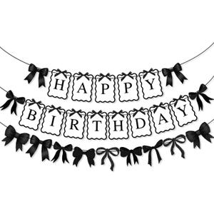 Black Bow Happy Birthday Banner Garland with Mini Ribbon Bows for Women Girls Black Bow Birthday Party Decorations, Baby Shower, Bows Party Decor Supplies