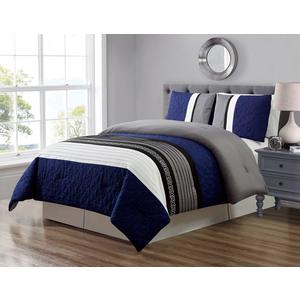 GrandLinen 3 Piece Navy Blue/Grey/Black/White Scroll Embroidery Bed in A Bag Down Alternative Comforter Set (Double) Full Size Bedding. Perfect for Any Bed Room or Guest Room