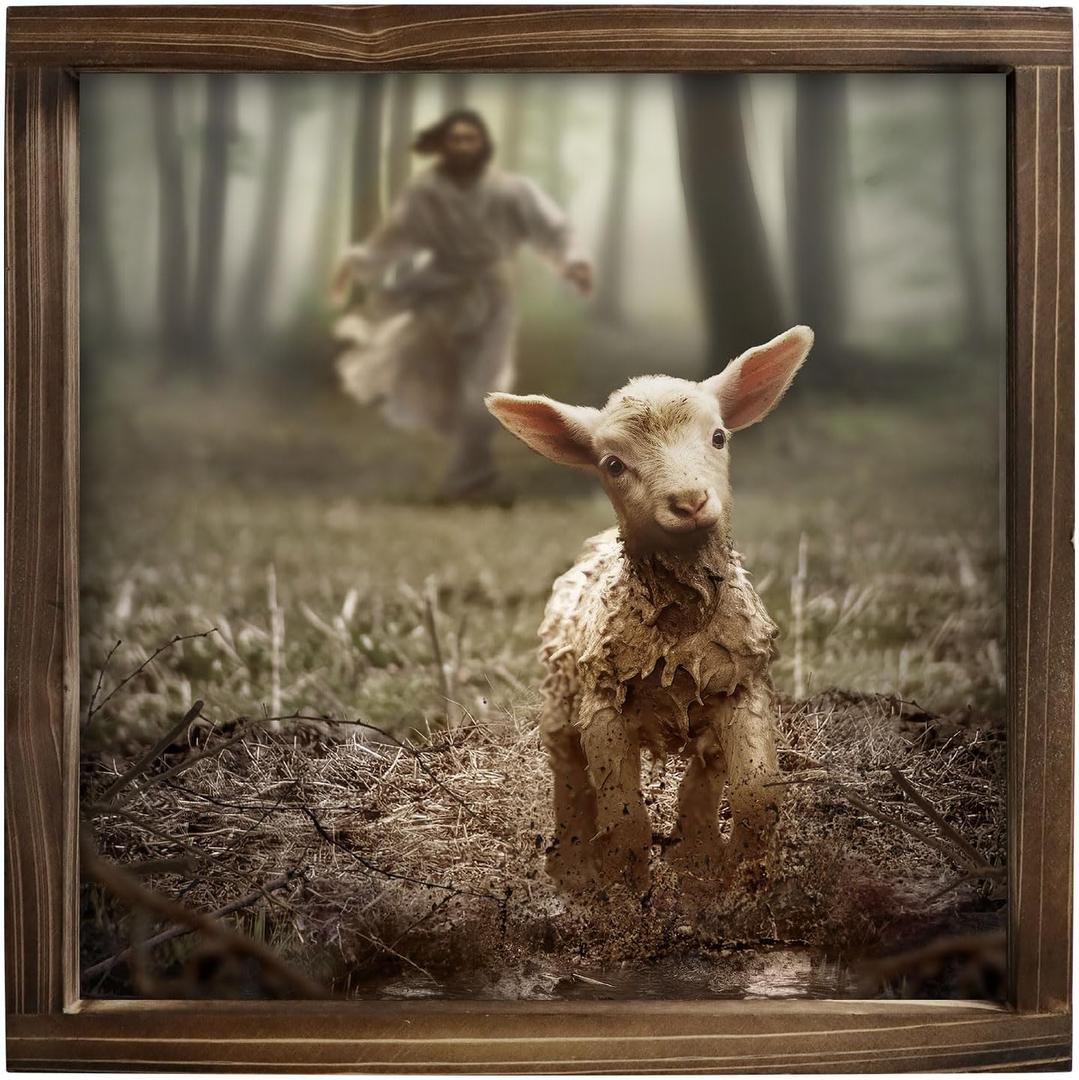 Kercan Jesus Christian Decor, Framed Lamb of God Christian Art Religious, 7 7 inch Wooden God Saves Lamb for Room Decor Home Desk (Brown)