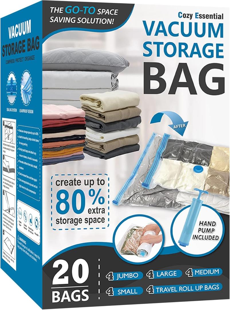 Cozy Essential Vacuum Storage Bags, 80% Compression Vacuum Seal Space Saver Plastic Packaging Bags for Clothes, Blankets, Pillow, Bedding, Comforters, Sealer Clothing Storage,20 Combo, Large