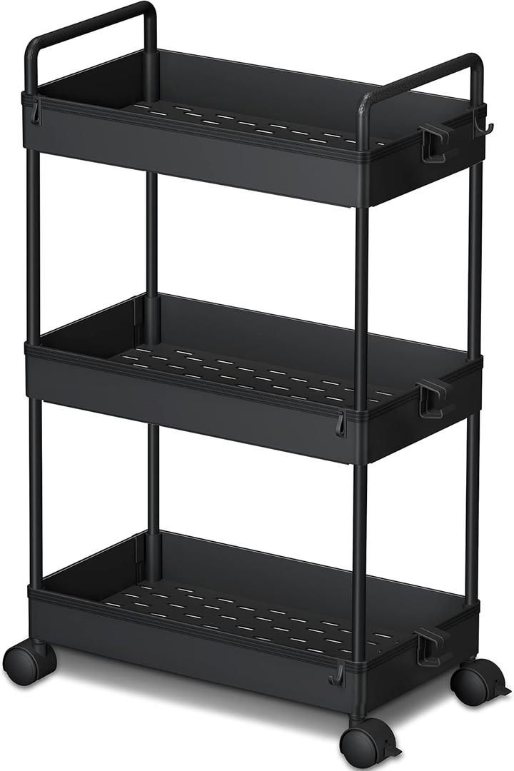 Ronlap 3 Tier Slim Rolling Storage Cart with Wheels Plastic Utility Cart Organizer for Snack Craft Art Postpartum Baby Diaper Nail Makeup in Bathroom Laundry Room Kitchen Bedside Narrow Space, Black