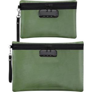 Nezyo Fireproof Safe Money Document Bag with Lock 2 Pcs Notary Journal Waterproof Bag with Zipper for A4 Storage Pouch File Passport Tablet, 14 x 10 Inch and 6.7 x 10 Inch (Green)