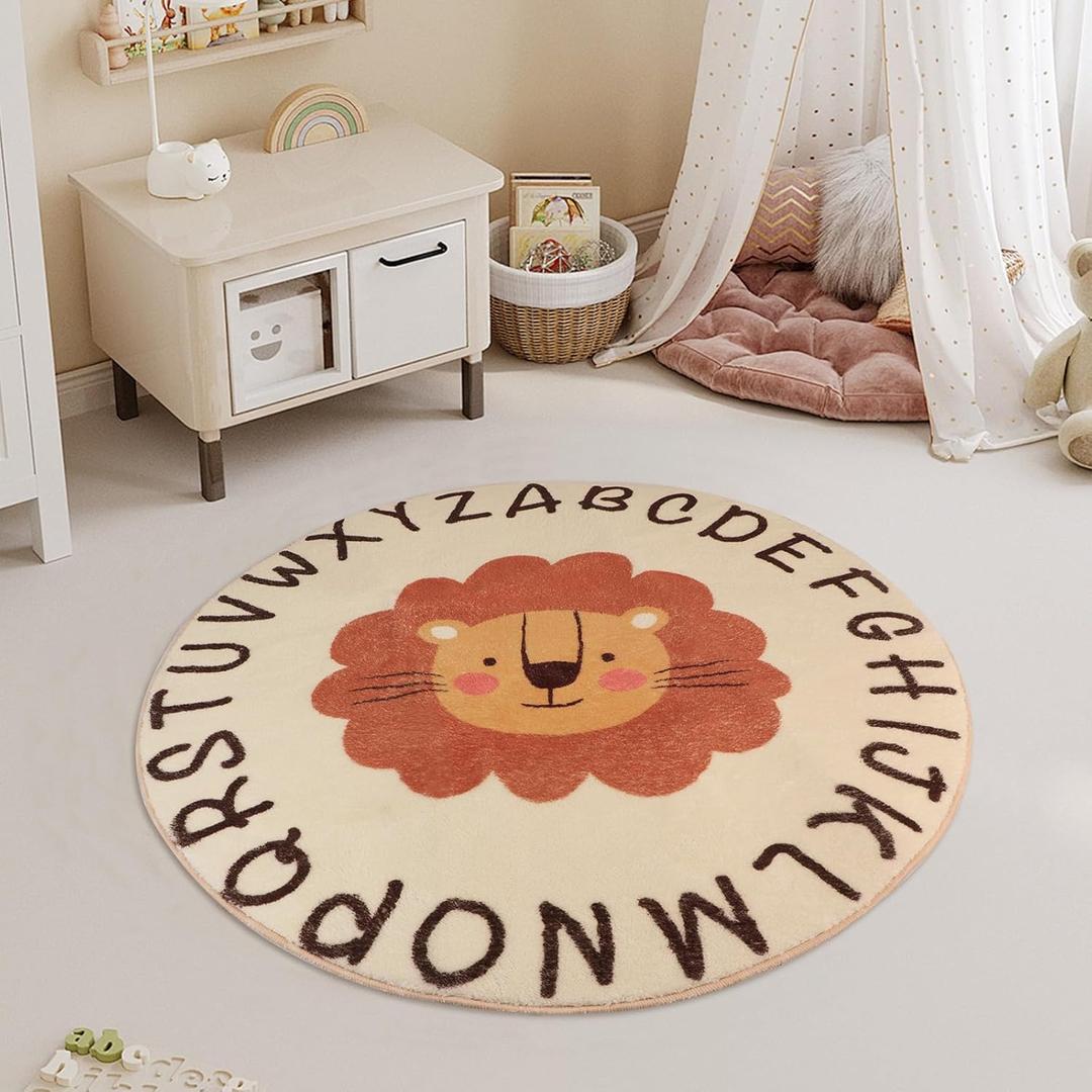3ft Round Lion Rug, Soft Safari Nursery Rug, Educational Area Alphabet Rug for Kids Playroom Nursery Decor, Nonslip Play Mat, Animals Carpet, Jungle Rug Boy