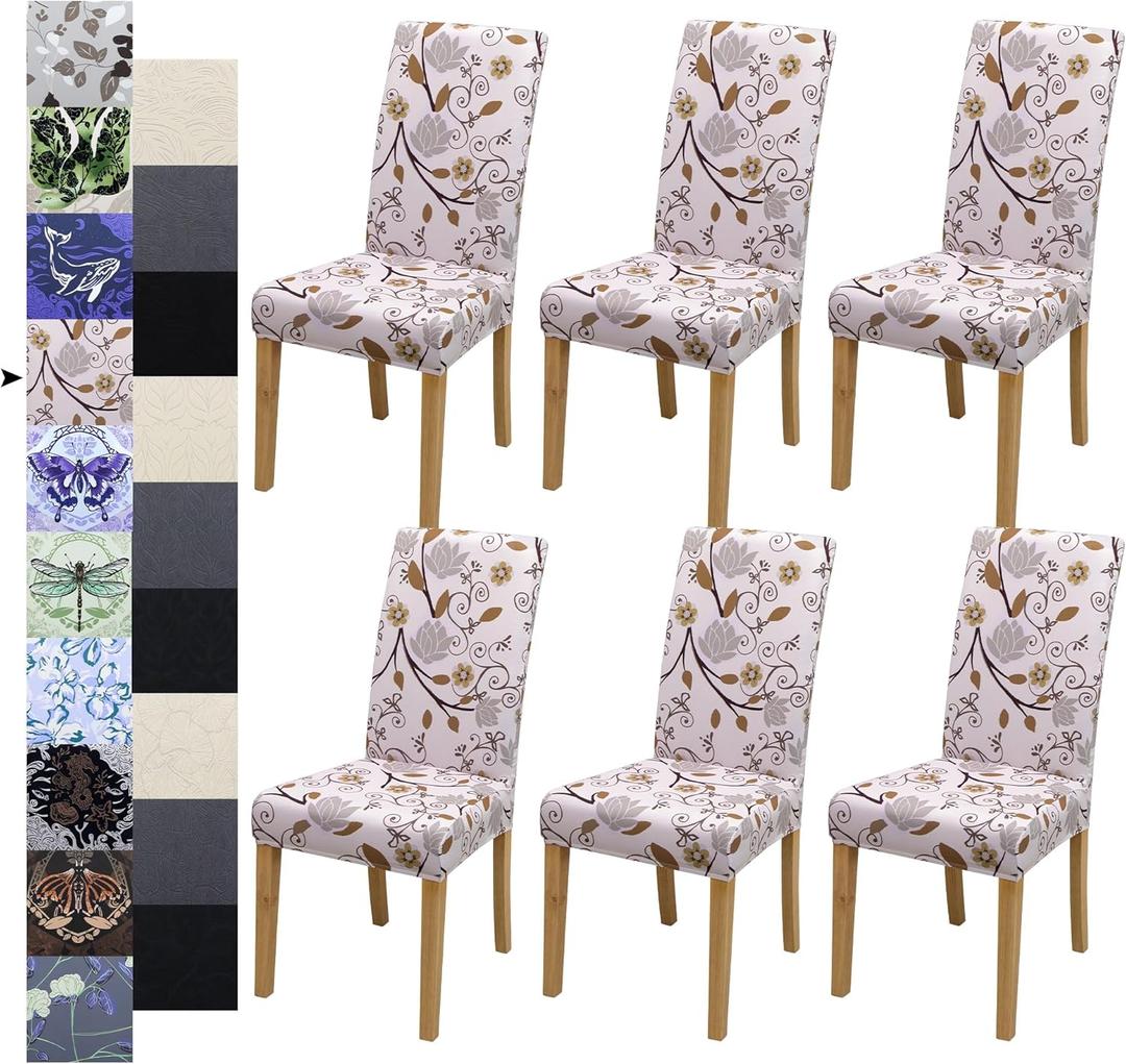 Dining Chair Covers, Dining Room Chair Cover Set of 6, Stretch Kitchen Chair Covers, Detachable Washable Chair Cover, Parsons Chair Slipcovers Protective, for Home, Restaurant, Banquet (Pattern 11) (Print Pattern Flowers)