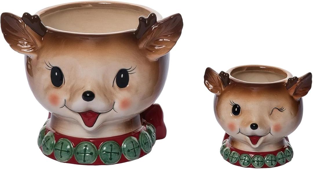 One Holiday Way 7.5-Inch Set of 2 Christmas Reindeer Chip and Dip Bowls  Ceramic Appetizer, Snack Xmas Candy Dishes Decorative Tableware