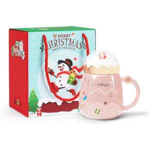 PARSUP Christmas Mug, Cute Ceramic Tea mugs with Santa Lid, Novelty Cup for Milk, Coffee, Hot Chocolate, Gift for Women, Kids, Colleagues, Family, Friends, 500ML/17.6OZ (Pink)