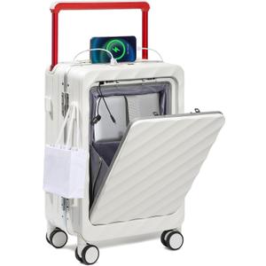 Somago Carry On Luggage Wide Handle 20 Inch Suitcase with Front Compartment Aluminum Framed PC Hardside 22x14x9 No Zipper Business Baggage with Spinner Wheels USB Charging Port TSA Lock (White), Front Open 20 inch