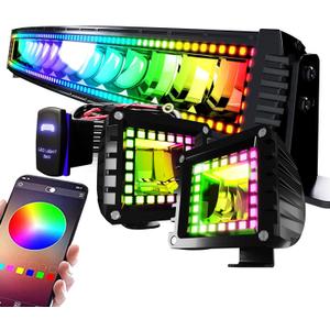 32" Curved RGB LED Light Bar 2X 4 Flood LED Pods with Chasing RGB Halo 16 Solid Colors Offroad Driving Fog Lights with Switch Wiring Harness
