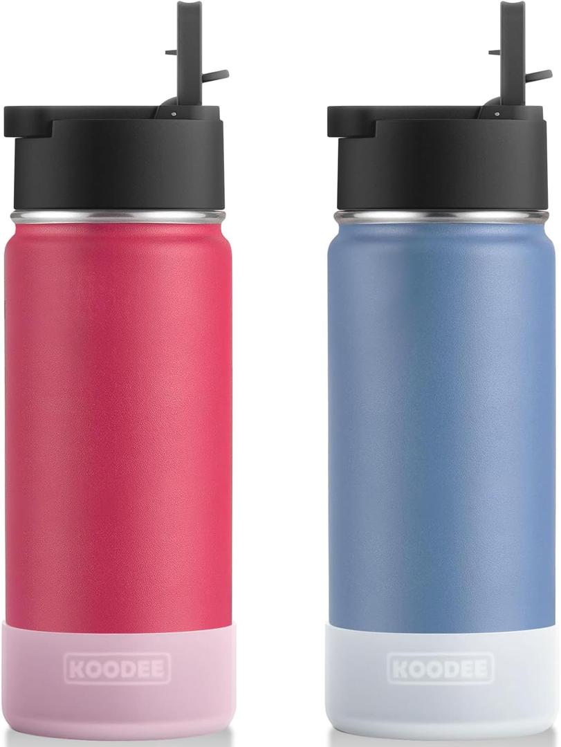 koodee 18 oz Water Bottle with Straw-2 Pack Stainless Steel Double Wall Insulated Water Bottle for School Reusable Water Flask BPA Free (Canyon Red-Royal Blue)
