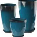 24-21-11 Inch Tall Planters Set of 3, Indoor Outdoor Blue Glossy Round Planter with Drainage Hole and Saucer, Large Decorative Plant Pots for Home Garden Porch (Blue)