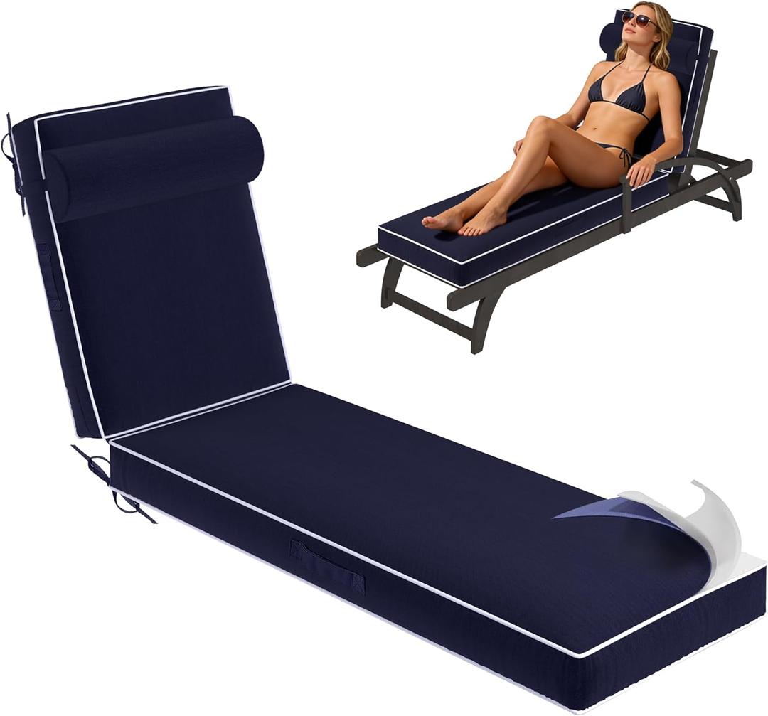 Chaise Lounge Cushions Outdoor 72x21x4 Inch, Patio Lounge Chair Cushions w/High Density Foam, 4 Inch Pool Lounger Cushion w/Removable Cover Handles, Fits Poolside Patio Outdoor Furniture, Navy Blue