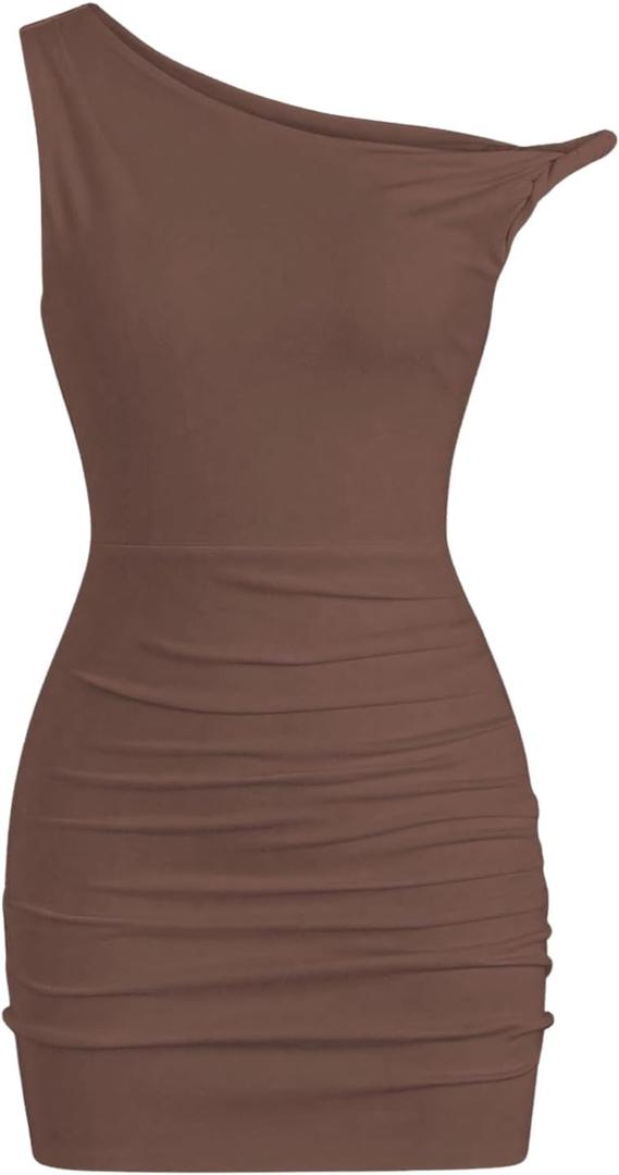 SOLY HUX Women's Summer Mini Dresses Off The Shoulder Ruched Bodycon Graduation Dress Sexy Going Out Party Club Outfits Plain Brown, Size S