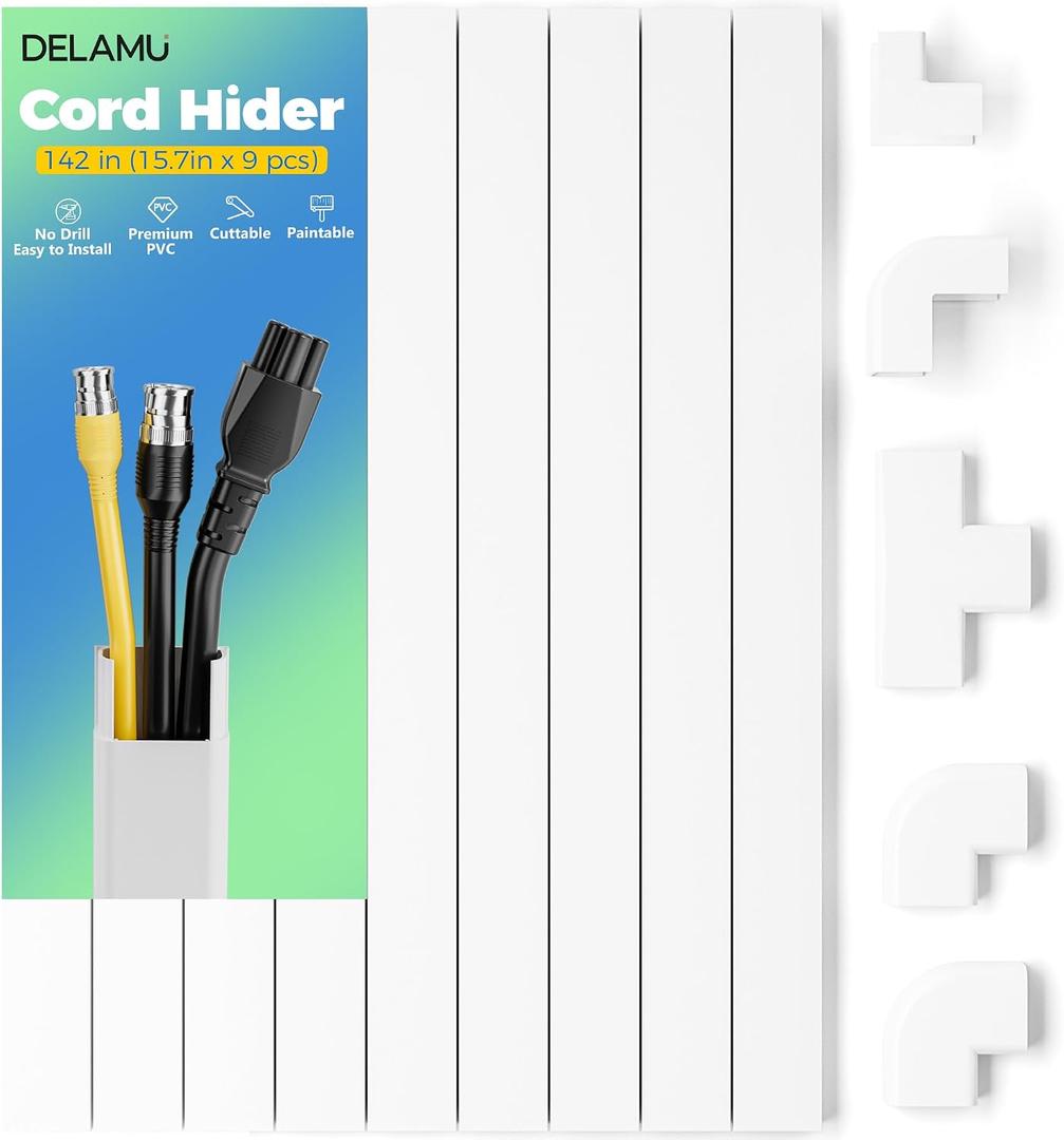 Delamu Cord Hider Cover, 142in TV Cable Concealer Kit for Wall Mounted TV with Management 2-3 Wires, Paintable Cable Cover for Floor, Easy Install, W 0.94 H 0.47in, White