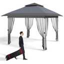 GarveeLife 11 ft x11 ft Gazebo Outdoor Pop up Canopy Tent with Curtains and 121 Square Shelter for Patio,Backyard Party, with Mosquito Netting, 2-Tiered Vented Top, Gray