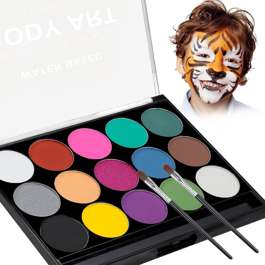 Face Body Paints Kits Kids Hypoallergenic Make Up Palette-Safe & Non-Toxic, Ideal for Halloween Party Face Painting - Easy to Wear and Remove-15 Colors with Two Fine Brush