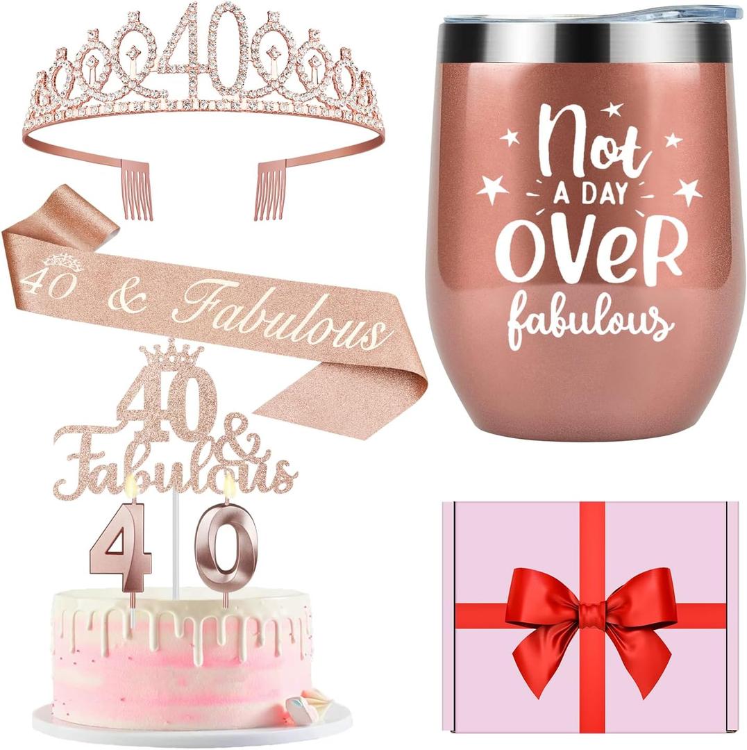 40th Birthday Decorations Gifts for Women Including Crown, Sash, Cake Topper, Candles and 12oz Wine Tumbler with Lid, 40th Birthday Gifts Women