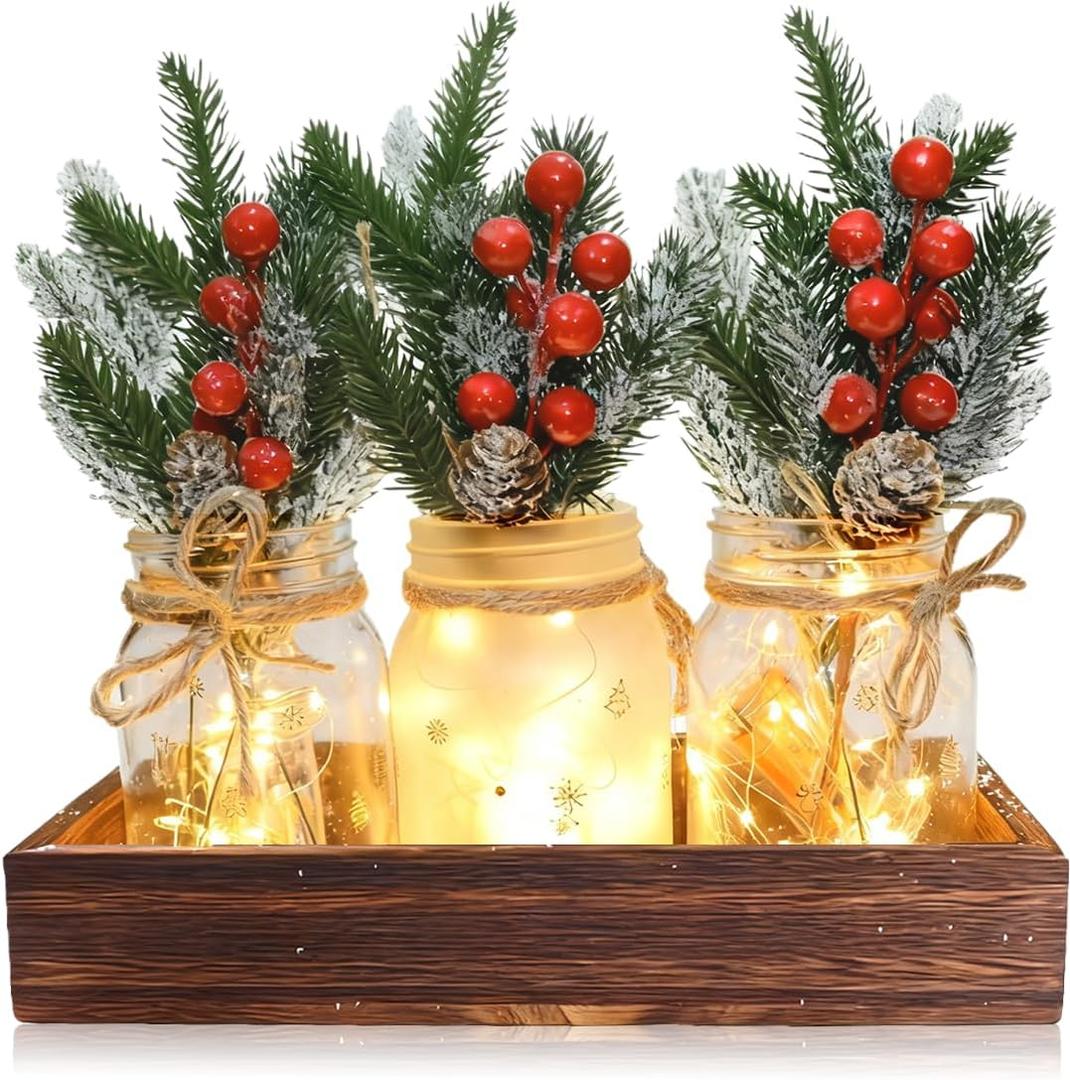 3PCS Christmas Mason Jars, Tiered Tray Decorative Jars with Wood Tray & Artificial Flowers Wishing Bottles for Winter Holiday Home Mantel, Kitchen, Dining room, Bedroom Table Centerpiece Decor Gift