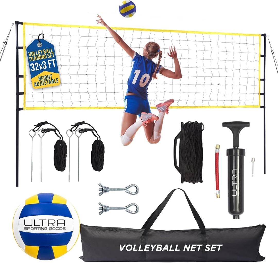Volleyball Net for Backyard, Beach, Home, Includes 32x3 Ft Regulation Size Net, 8.5-Inch PU Volleyball, Carrying Bag, Boundary Lines, Steel Poles & Pump, Portable Volleyball Net Outdoor and Indoor