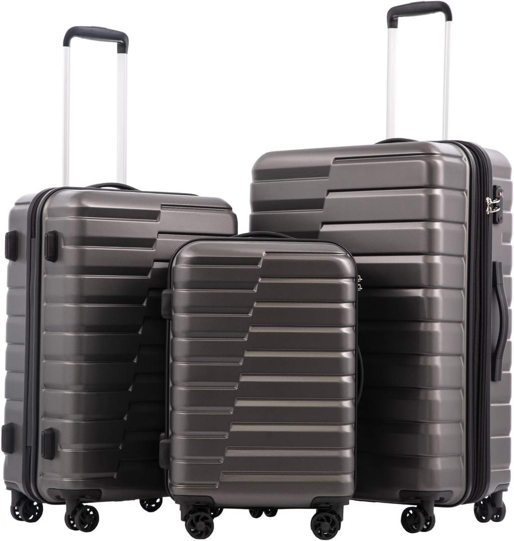 COOLIFE Expandable Suitcase PC ABS TSA Luggage 3 Piece Set Lock Spinner Carry on (Gray)