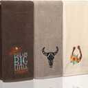 3 Western Cowboy Hand Towels 14 x 29 Inch Cotton Embroidered Cow Bull Skull Hat Horseshoe Bathroom Hand Towels Farmhouse Cowboy Theme Decorative Washcloth for Kitchen Vintage Decor (Caramel Brown, Khaki, Cream Beige)