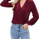 Women Long Lantern Sleeve Shirts Dressy Casual Loose Fit Fall V Neck Blouses Date Night Tops (Red, L)