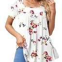 Elegant Shirts for Women Dressy Casual Short Sleeve Square Neck Tops Floral Print White Rose Flower S