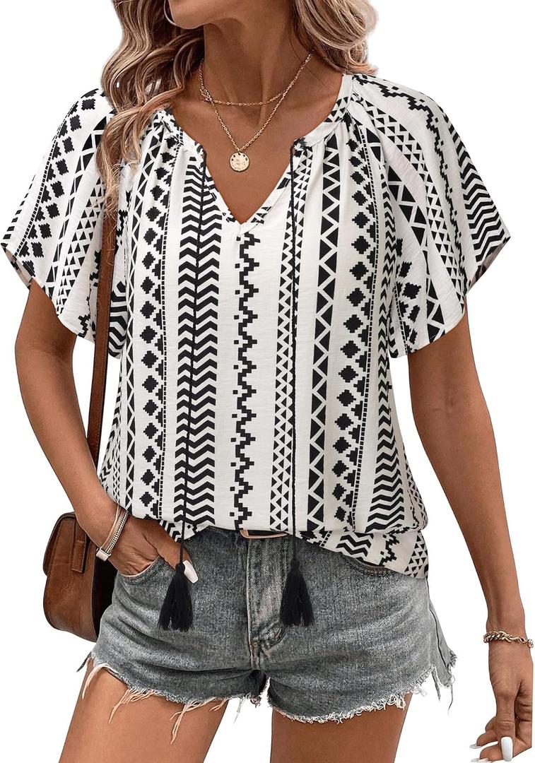 Unixseque Summer Tops for Women Casual Boho Blouses Short Sleeve V Neck Shirts Tie Front 2025 Trendy Beach Vacation Clothes (White)