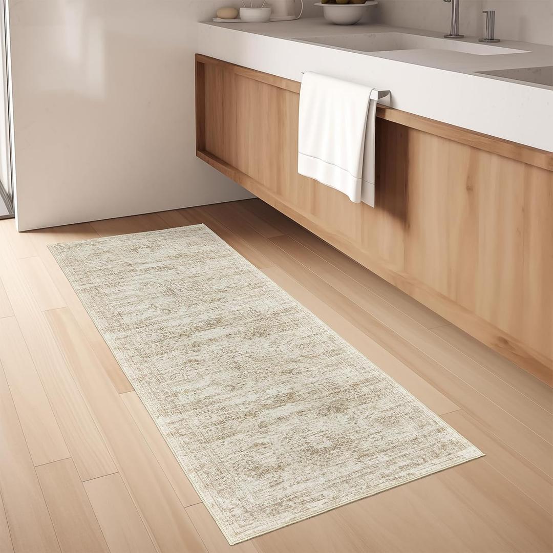 Washable Runner Rugs for Bedroom - 2x6 Runner Rug Non Slip, Ultra-Thin Entryway Runner, Soft Abstract Kitchen Runner for Hallway, Laundry, Bathroom, Indoor Door Mat(2'x6', Beige/Ivory)