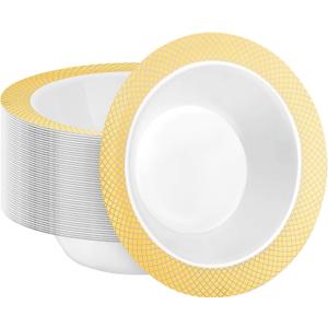 50 Pack Plastic Bowls with Gold Rim, 12oz Disposable Soup Bowls, Heavy Duty Plastic Salad Bowls for Parties, Weddings, and Everyday Use