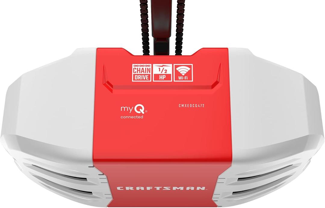 CRAFTSMAN 1/2 HP Smart Garage Door Opener - myQ Smartphone Controlled - Chain Drive, Wireless Keypad Included, Model CMXEOCG472, Red