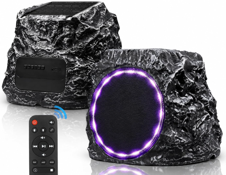 Daworot Upgraded Outdoor Rock Bluetooth 6.0 Speaker 60W Deep Bass Wireless Outdoor with Solar Charging, Remote Control,IPX7 Waterproof Speaker with Perfect for Pool,Garden,Patio - 2 Packs