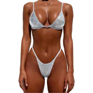 YAUASOPA Women Shiny Bikini Micro Sexy String Two Pieces Swimsuit Female Thong Swimwear (Small, Silver)