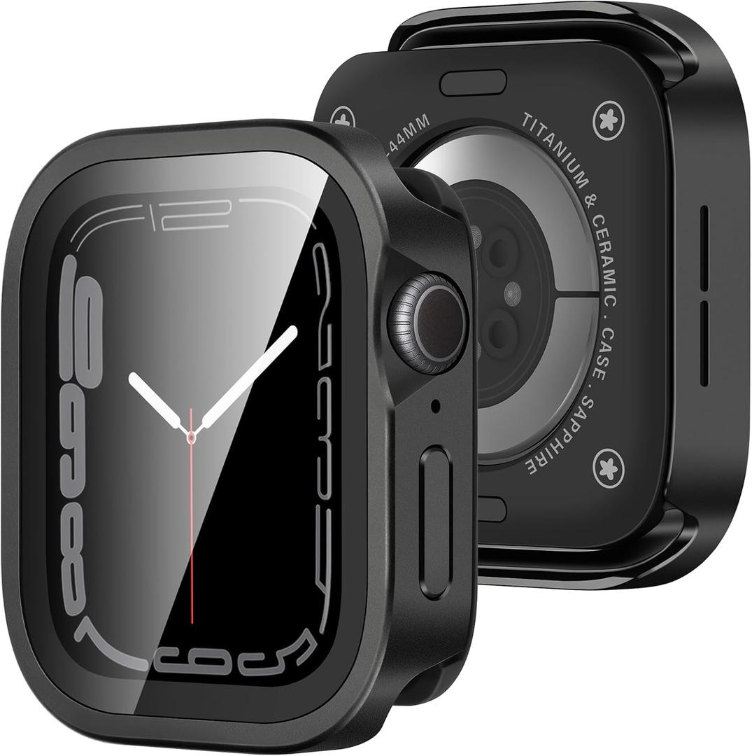 Amizee Metal Case Compatible with Apple Watch SE 3/2/1 Series 6/5/4 44mm Case with Built-in Screen Protector, Straight Edge Ultra Thin with Back Cover Protective Cover for iWatch 44mm, Black