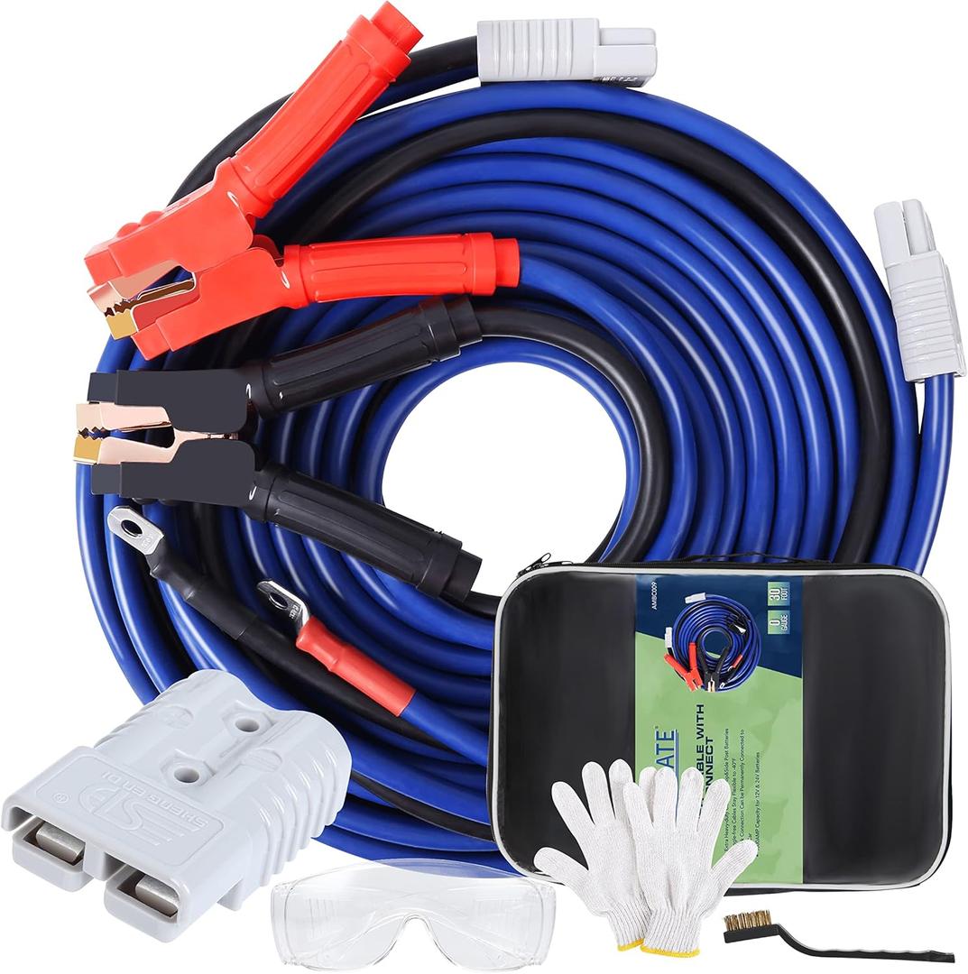 SAFEMATE 0 Gauge 30 Feet Jumper Cables Heavy Duty, 1000 Amp Quick Connect Plugs for Truck with Carry Bag